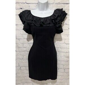 Bebe Sleeveless Little Black Dress Ruffle Neckline LBD Silk Bodycon Size XS